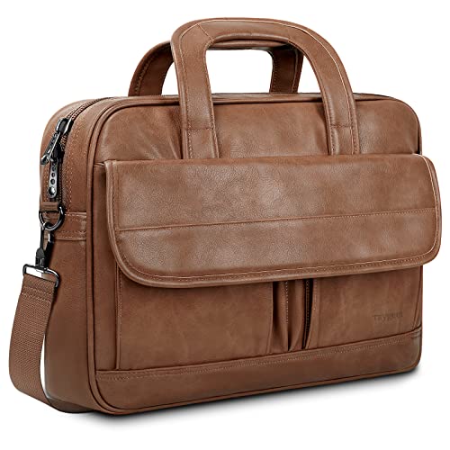 Leather Laptop Bag for Men Women, Premium Laptop Briefcase Fits Up to 15.6 Inch Notebook, Waterproof Durable Portable Shoulder Messenger Crossbody Bag Carry On Case for Travel Business Office, Brown