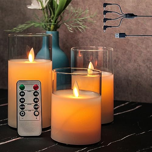 LEDHOLYT Rechargeable Flameless Candle, Flickering LED Pillar Real Wax Candle, Electronic Candle with Remote Control and Timer, USB Rechargeable White Glass Candle, Set of 3