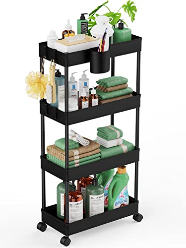 LEHOM Slim Rolling Storage Cart - 4 Tiers Bathroom Organizer Utility Cart