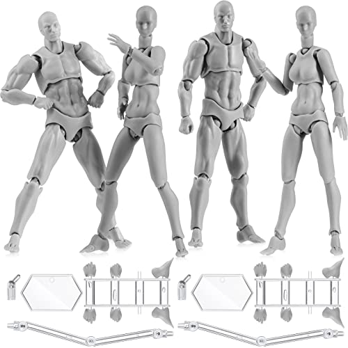 Lenwen 4 Sets Posable Drawing Figure Blockhead Jointed PVC Drawing Mannequin Action Figures Body Artists Manikin Body Human Doll Model Figure for Drawing Sketch Model Artist Male Female, Grey