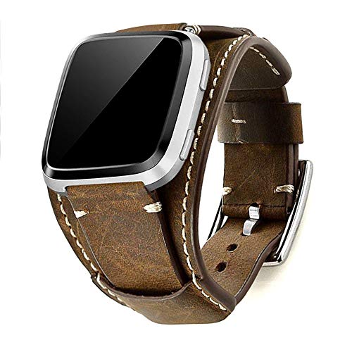 Leotop Genuine Leather Cuff Bracelet Replacement Strap for Fitbit Versa Smart Watch