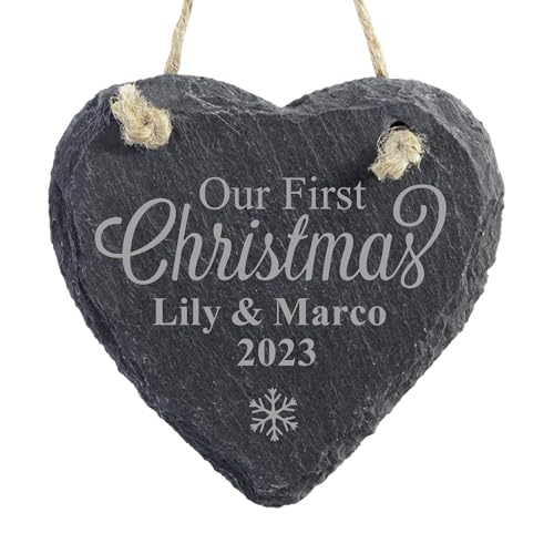 Let's Make Memories Personalized Our First Christmas Ornament - Engraved with Names and Year - for Couples, Love, Romantic Christmas 2023 Keepsake Ornament - Slate Heart