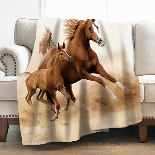 Levens Horse Blanket Gifts for Women Girls Boys, Running Brown Horse Family Decoration for Home Bedroom Chair Sofa, Cute Soft Comfort Lightweight Throw Plush Blankets 50"x60"