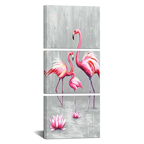 LevvArts 3 Panel Animal Canvas Wall Art Pink Flamingo Family with Lotus Flower Painting Picture Animal Love Canvas Prints Pink and gray Artwork Stretched Living Room Bedroom Decor Each Piece 12x16