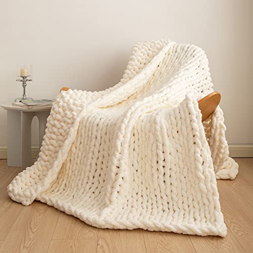 LiBcmlian Cream Chunky Knit Blanket Throw