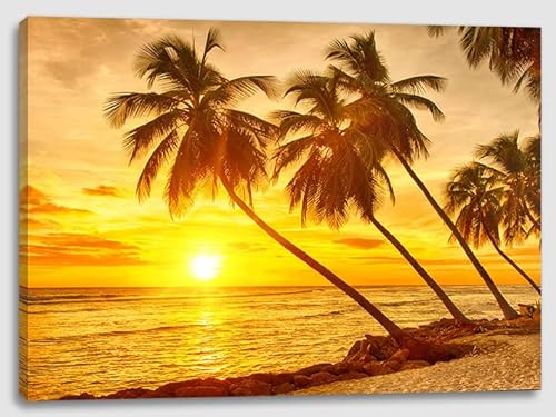 Lighted Palm Tree Ocean Sunset Canvas Wall Art Print
