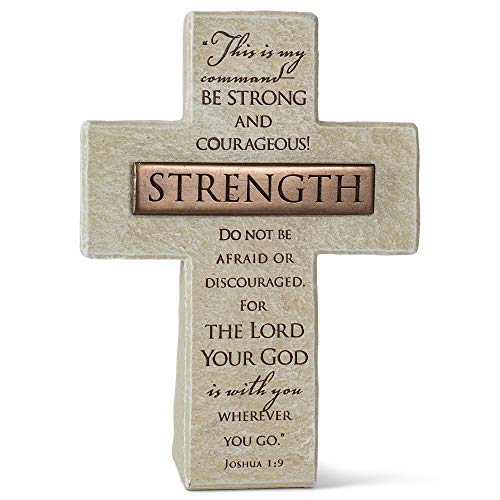 Lighthouse Christian Products Strength in The Lord Sandstone 5.5 Inch Cast Stone Bronze Title Bar Cross Figurine