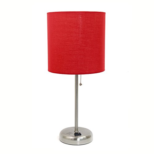Limelights LT2024-RED Brushed Steel Stick Table Desk Lamp with Charging Outlet and Drum Fabric Shade, Red