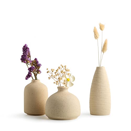 Linmaya Ceramic Vases Set, Small Ceramic Vases for Décor Set of 3, Beige Ceramic Vases for Flowers, Shelf, Bookshelf, Table, Mantel, Entryway, Living Room, Rustic Modern Farmhouse Home Decor (Beige)