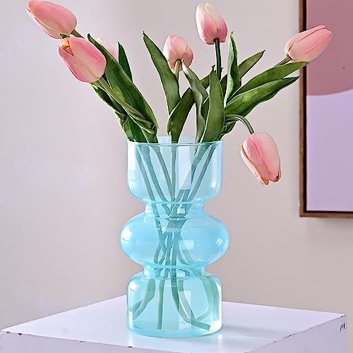 LiteViso 7 Inch Clear Glass Flower Vases - Beautiful Blue Vases for Flowers