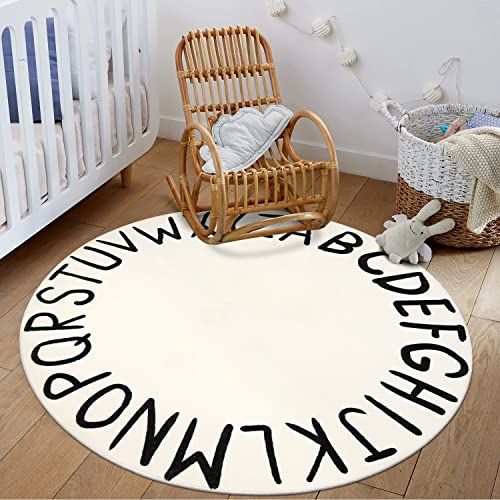 LIVEBOX ABC Round Rug Alphabet Play Mat,Circle Washable Rug Educationa Nursery Rug for Baby Boy and Girl Room,Non-Slip Learning Carpet for Children Playroom Classroom (47",Black,Beige)