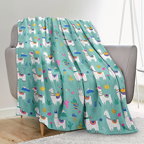 Llama Blanket, Llama Gifts for Women Girls, Soft Fleece Blanket for Baby Kid's Adults, Lightweight Warm Cozy Cute Alpaca Throw Blanket for Couch Bed Colorful Cactus Gifts - Teal Green 40"X50"