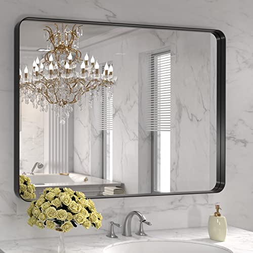 LOAAO 40X32 Inch Black Metal Framed Bathroom Mirror