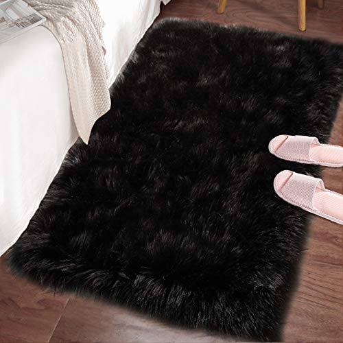 LOCHAS Soft Fluffy Black Faux Fur Rugs for Bedroom Bedside Rug 2x3 Feet, Washable, Furry Sheepskin Area Rug for Living Room Girls Room, Luxury Shag Carpet Home Decor