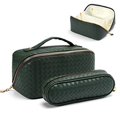 LONEDREAM Travel Makeup Bag, Cosmetic Bag Make Up Organizer Case,Large Wide-open Pouch for Women Purse for Toiletries Accessories Brushes, 2 Pack Portable Leather Cosmetic Bag for Women, Green