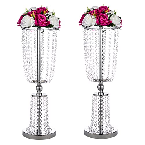 LoveCat 2 Pcs of Silver Wedding Centerpieces Flower Vases, Metal Centerpiece Vases,24.4in/62cm Home Decor Vases with 2-Tier Acrylic Crystal Strings,Suitable for DIY Enthusiasts