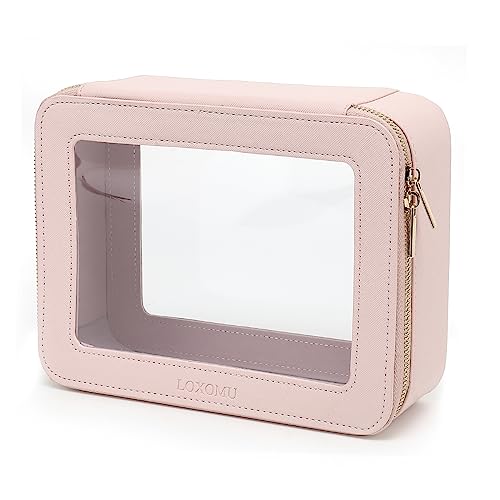 LOXOMU Clear Makeup Bag for Traveling - Transparent Cosmetic Case Clear Toiletry Bag Makeup Organizer for Women (Pink)