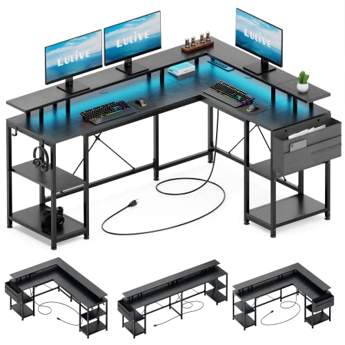 Lulive L Shaped Gaming Desk, 95" Reversible Corner Computer Desk with Power Outlet & LED Strip, Home Office Desk with Monitor Stand, Storage Shelf and Storage Bag (Black)