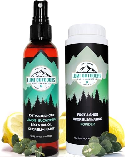 Lumi Outdoors Natural Shoe Deodorizer Spray and Foot Powder Bundle - Lemon Eucalyptus and Foot Powder