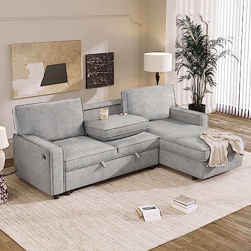 LUMISOL 89" Convertible Pull Out Sleeper Sofa Bed, L-Shaped Sectional Sofa with Reversible Storage Chaise, Reversible Sofa Couch with Cup Holders and USB Ports for Living Room, Small Apartment, Gray