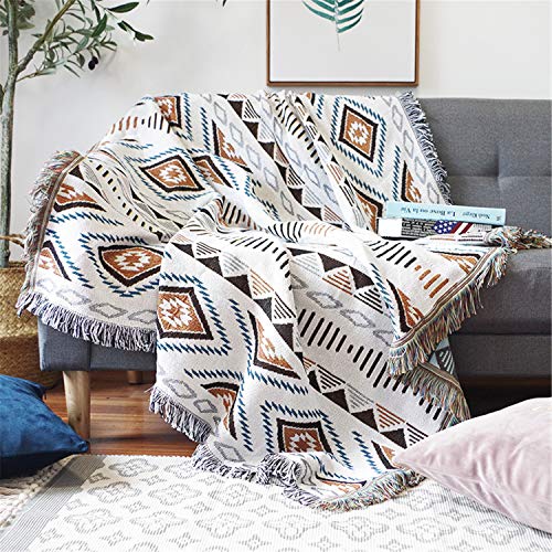 Luxlovery Beige Bohemian Sofa Throw Blankets Ethnic Woven Boho Geometric White and Khaki Throw Blanket for Couch Aztec Bed Throws Oversized Chair Sofa Cover with Tassels(63"x102")