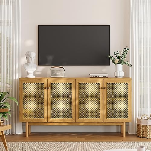 LUXOAK 63" Mid-Century TV Stand with 4 Metal Mesh Doors, Rattan Media Console with Adjustable Shelf, Boho Media Entertainment Center with Storage for TVs Up to 75", Natural Oak