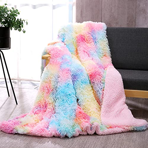 Luxurious Rainbow Faux Fur Throw Blanket