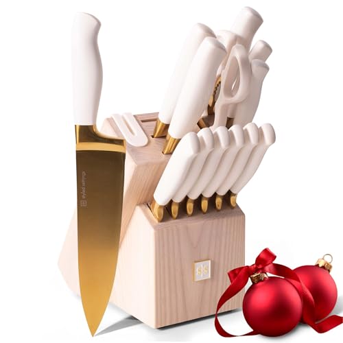 Luxurious White and Gold Knife Set with Block Self Sharpening