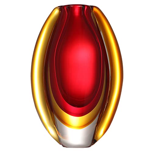 Luxury Lane Hand Blown Sommerso Oval Art Glass Vase for Decor Centerpiece Table Decoration Red 10 inch Tall