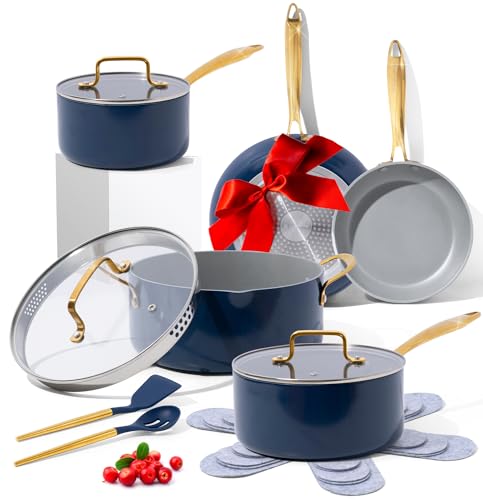 Luxury Nonstick Pots and Pans Set - Navy Blue/Gold