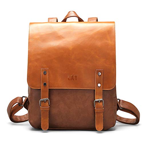 LXY Vegan Leather Backpack Vintage Laptop Bookbag for Women Men, Brown Faux Leather Backpack Purse Bookbag Weekend Travel Daypack