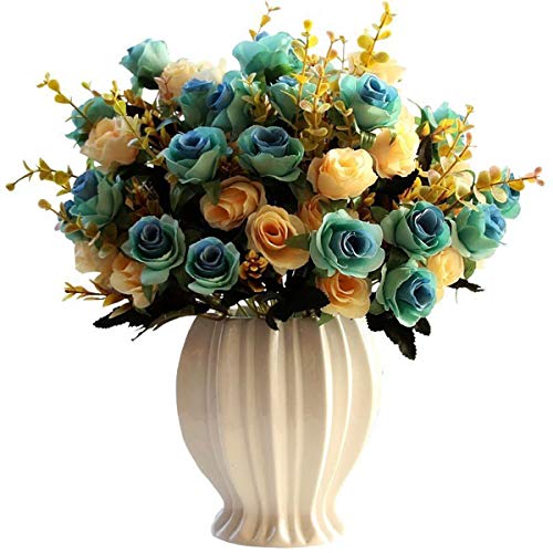 LY EMMET Artificial Rose Bouquets with Ceramics Vase Fake Rose Flowers Decoration for Table Home Office Wedding-Blue