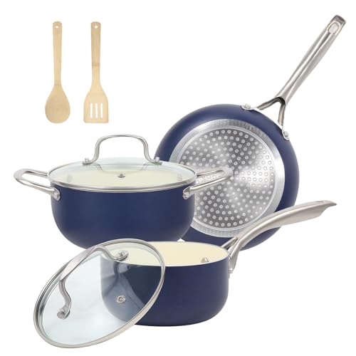 M MELENTA Pots and Pans Set, 7 Piece Nonstick Ceramic Cookware Set