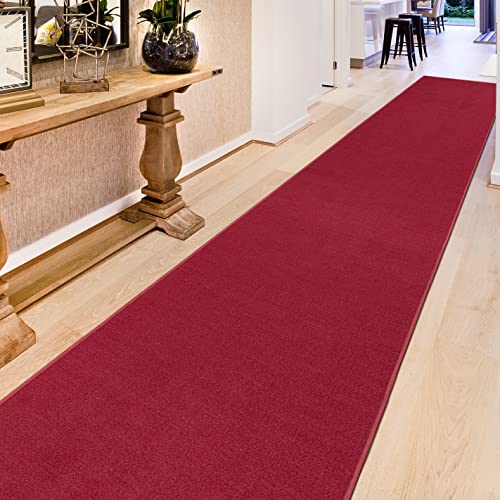 Machine Washable Modern Solid Design Non-Slip Rubberback 3x12 Traditional Runner Rug for Hallway, Kitchen, Bedroom, Living Room, 2'7" x 12', Red