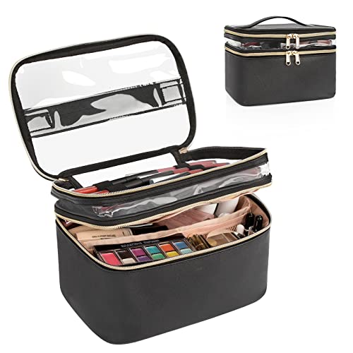 Makeup Bag, Double layer Cosmetic Cases Travel Makeup Organizer Toiletry Bags Large Make Up Bag For Women Girls with Adjustable Dividers and Brush Organize area (BLACK CLEAR)