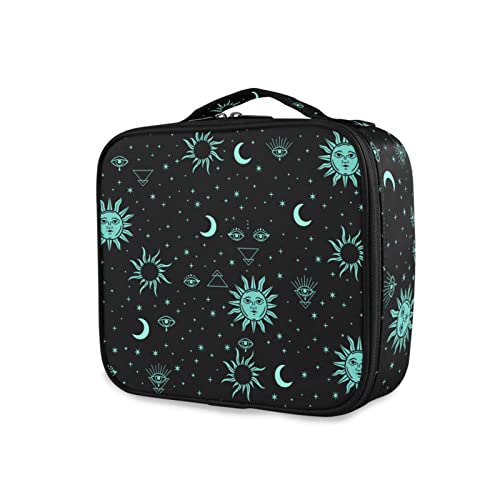Makeup Bag Organizer (Esoteric Sun Moon Stars) for travel, Large Capacity Cosmetic Case Bag with Adjustable Insert Dividers, Size 9.8×8.9×3.6 in for Women Girls