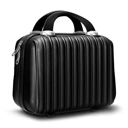 Makeup Travel Case 11 inch Hard Shell Cosmetic Organizer Bag Small Portable Make up Train Hand Luggage with Elastic Strap ABS Mini Suitcase for Women Girls, Black