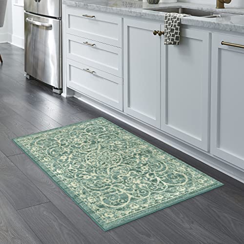 Maples Rugs Pelham Vintage Kitchen Rugs Non Skid Accent Area Carpet [Made in USA], 2'6 x 3'10, Light Spa