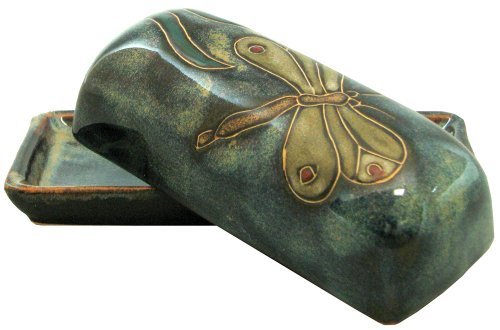 Mara Stoneware Collectible Butter Dish - Mexican Pottery - Blue with Dragonfly Design