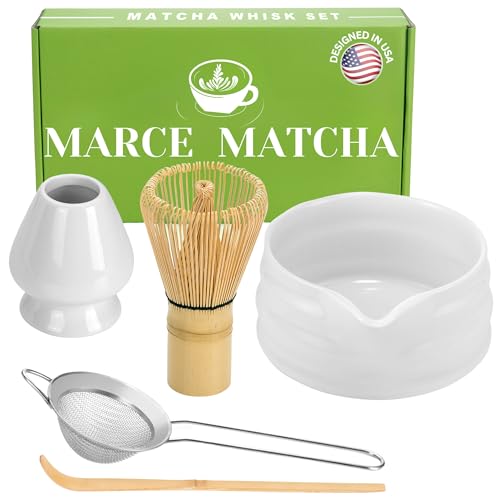 Marce Matcha Whisk Set- Matcha Bowl with Spout, Matcha Whisk, Matcha Sifter, Matcha Whisk Holder, Matcha Spoon- The Perfect Matcha Kit for Matcha Tea Ceremony (5pc) (White)