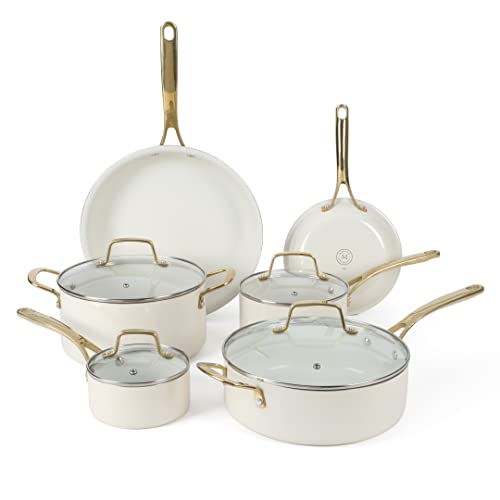 Martha Stewart Lockton Premium Nonstick PFA Free Ceramic Interior 10 Piece Heavy Gauge Enamel Aluminum Pots and Pans Cookware Set
