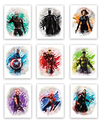Marvel Avengers Superhero Watercolor Art Prints (Unframed) | Great Gift Set of 9 (8”x10”) | Decor for Boys Room