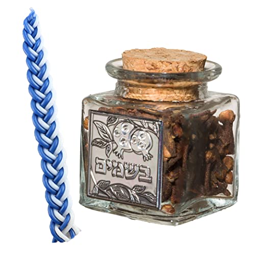 Masoret Set: Blue Havdalah Candle & Glass Besamim Holder