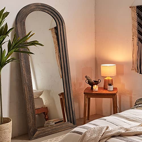 MAYEERTY Rustic Full Length Mirror Arched 65"x22" Farmhouse Floor Mirror Wood Wall Mirror Full Length Distressed Large Mirror for Bedroom/Bathroom/Living Room/Farmhouse, Arch Coffee