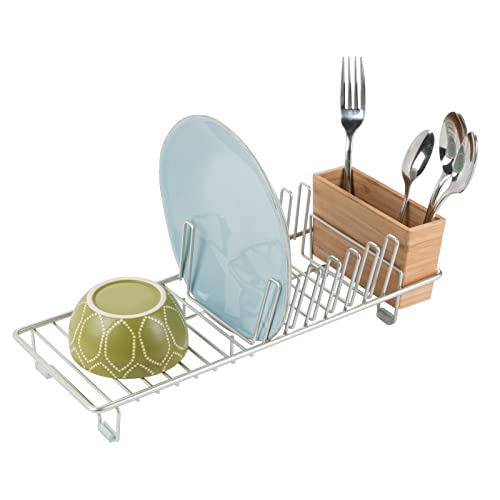 mDesign Compact Dish Drying Rack with Bamboo Cutlery Tray Caddy