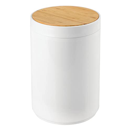 mDesign Plastic Round Trash Can Small Wastebasket - Garbage Bin Container with Swing-Close Lid - Bathroom Garbage Basket - Holds Waste, Recycling - 1.3 Gallon - Basa Collection - White/Natural