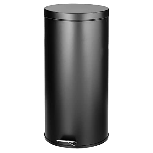mDesign Tall 30 Liter / 7 Gallon Large Round Metal Lidded Step Trash Can, Thin Compact Garbage Bin with Removable Liner Bucket for Bathroom, Kitchen, Craft Room, Office, Garage - Black