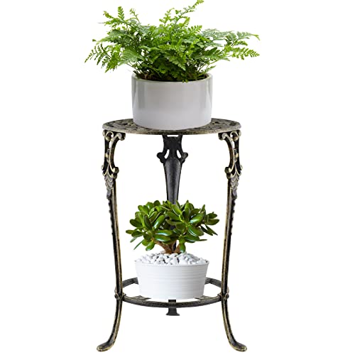 MDLUU Cast Iron Potted Plant Stand 18.8 Inch Tall, 2-Tier Planter Rack, Heavy Duty Flower Pot Holder for Living Room, Bedroom, Kitchen (Bronze)