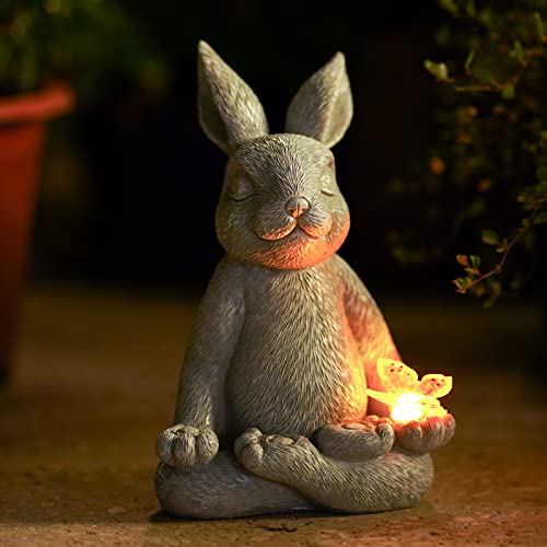 Meditating Zen Garden Decor Solar Rabbit Statue