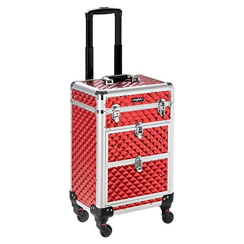mefeir Aluminum Rolling Makeup Train Case, Portable Makeup Organizer Suitcase, Cosmetic Storage Box, Travel Beauty Luggage Trolley Lockable w/4 Removable Wheels & 2 Sliding Drawers (Red)